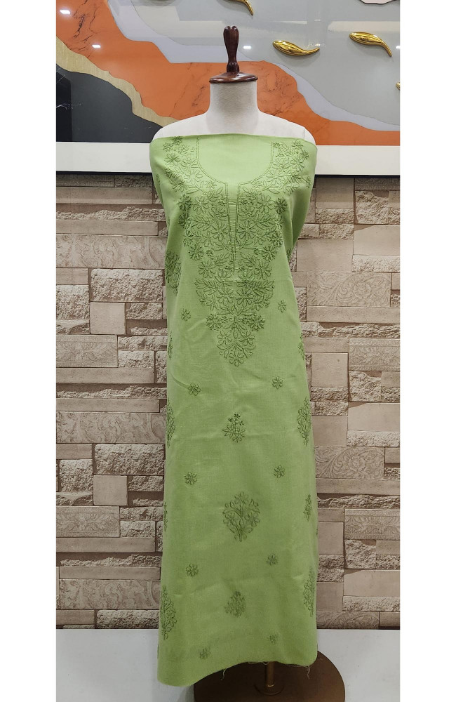 Image of Green Cotton Chikankari Suit Length