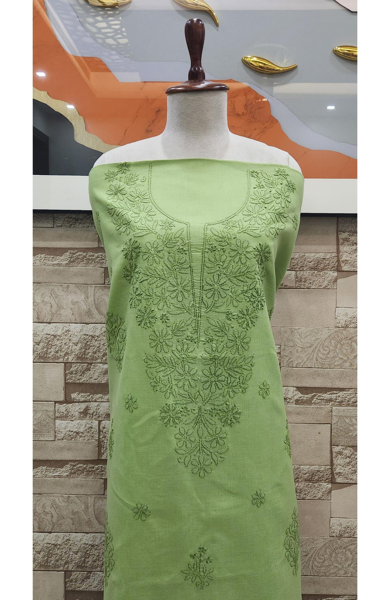 Green Cotton Chikankari Suit Length