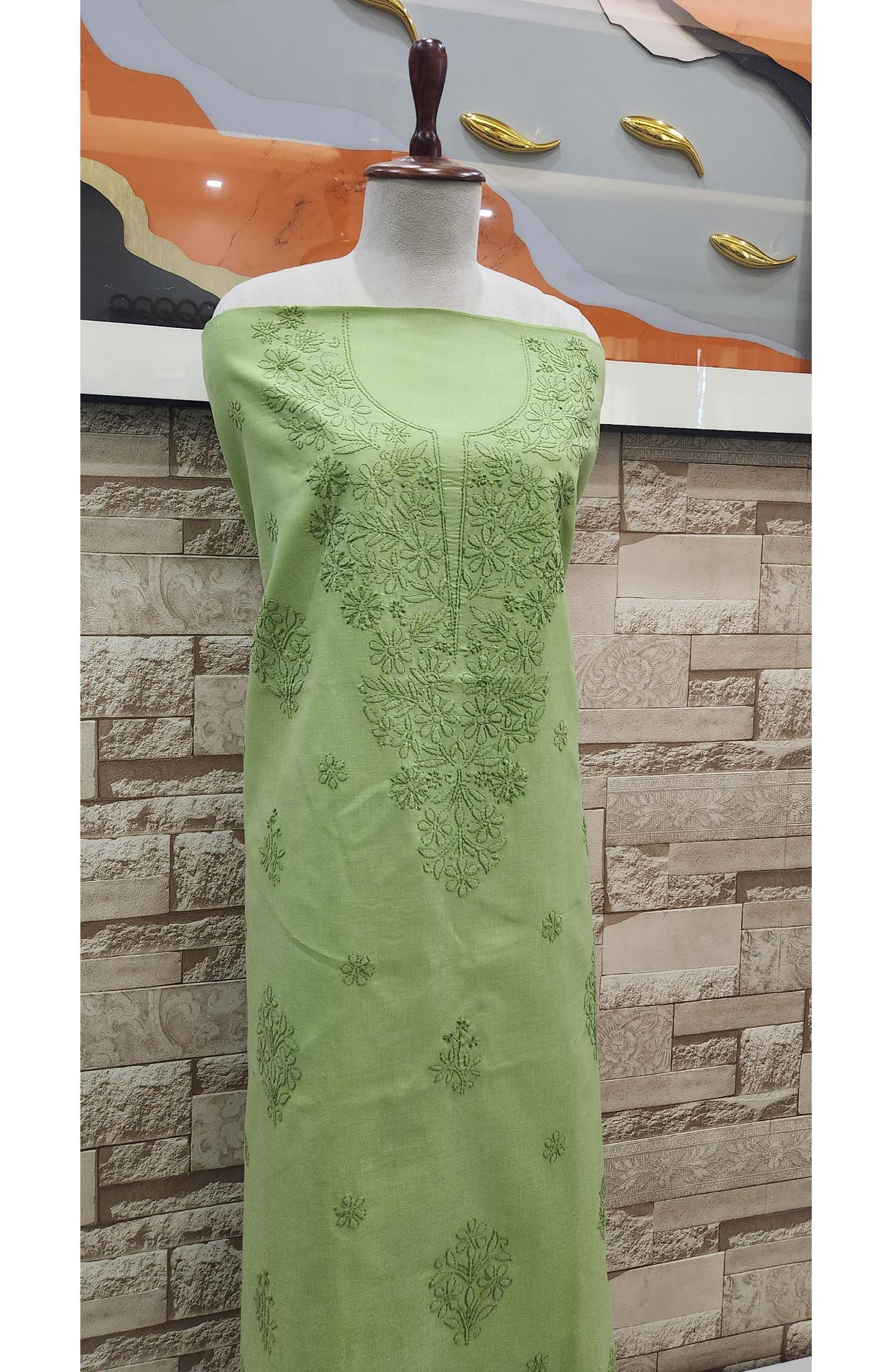 Green Cotton Chikankari Suit Length