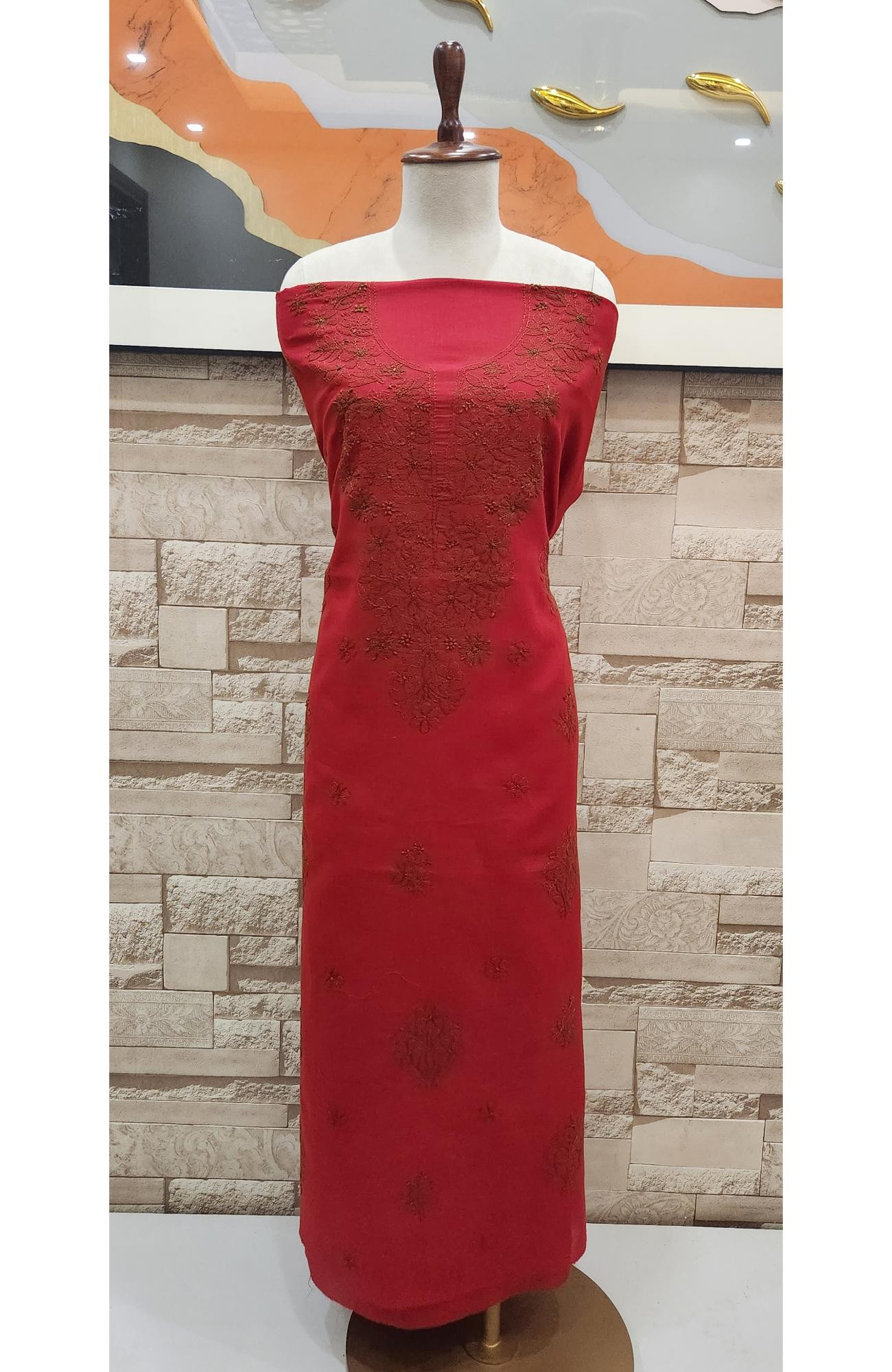 Red Cotton Chikankari Suit Length