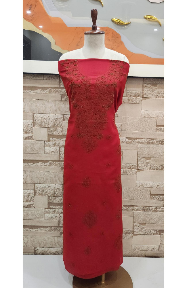 Image of Red Cotton Chikankari Suit Length