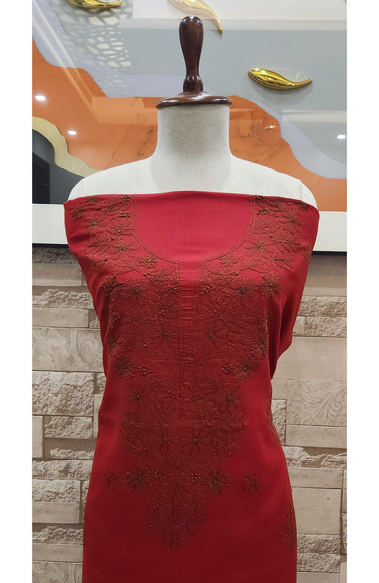 Red Cotton Chikankari Suit Length