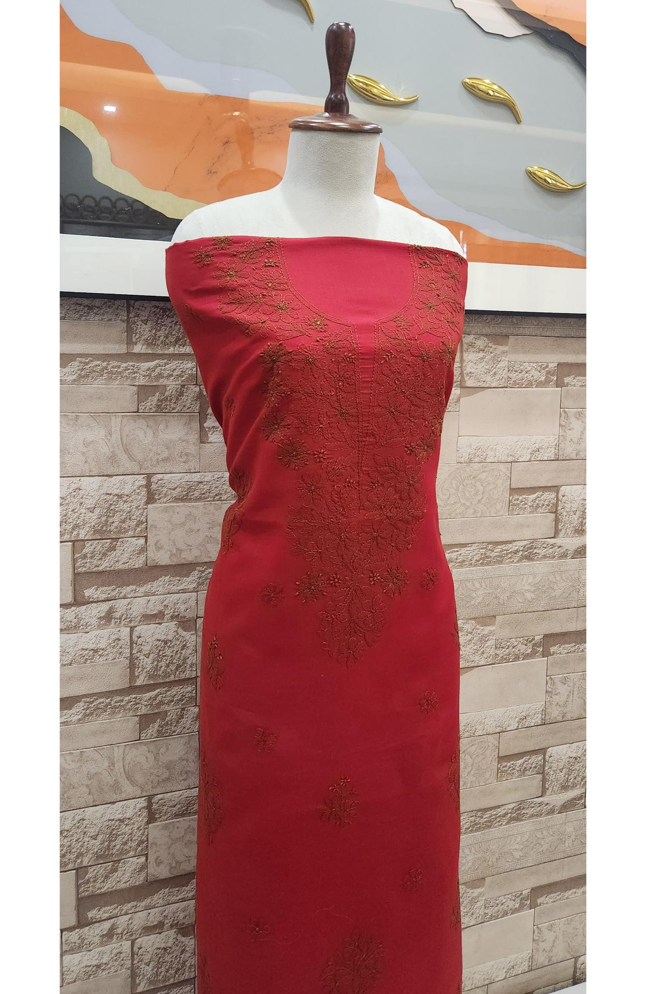 Red Cotton Chikankari Suit Length