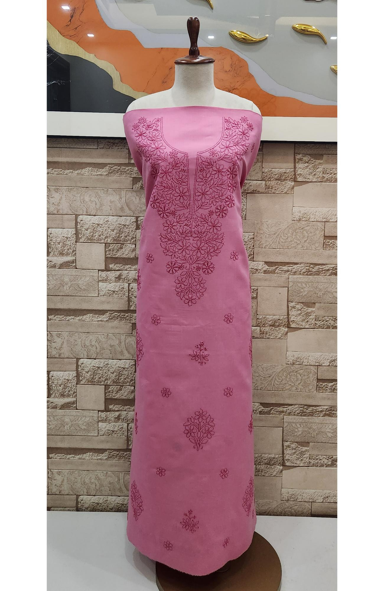 Dark Pink Cotton Chikankari Suit Length