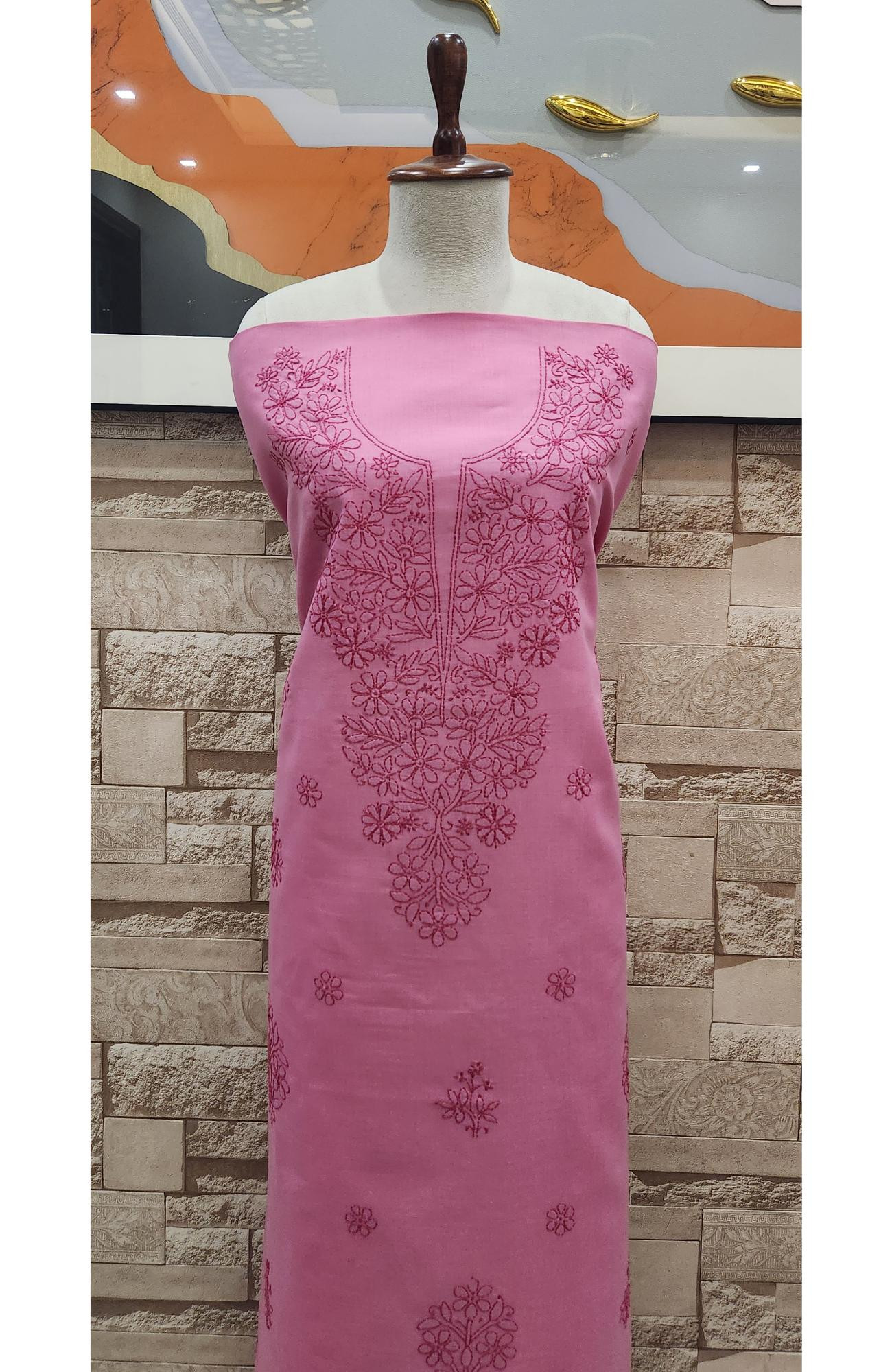 Dark Pink Cotton Chikankari Suit Length