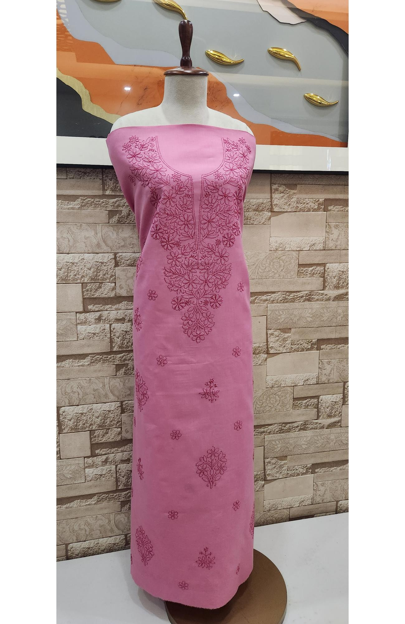 Dark Pink Cotton Chikankari Suit Length