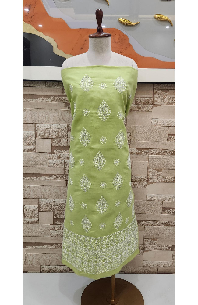 Image of Green Cotton Chikankari Suit Length