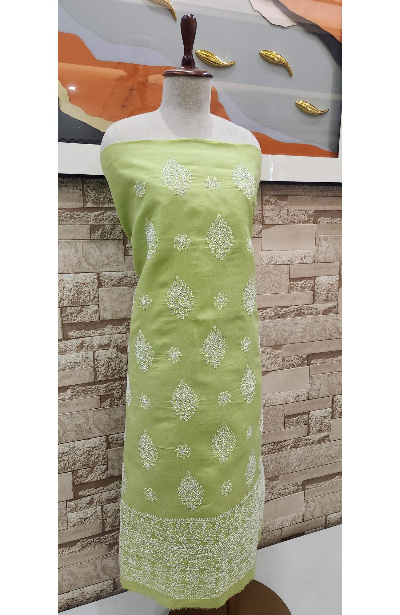 Green Cotton Chikankari Suit Length