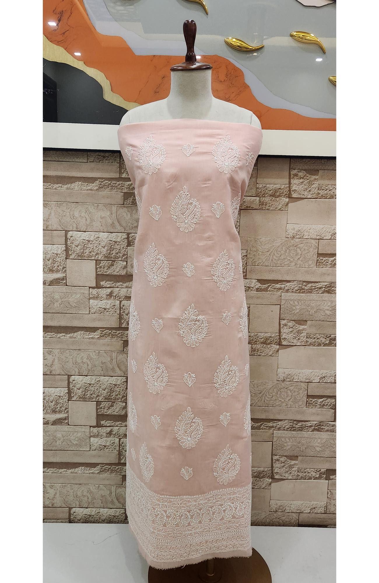 Light Peach Cotton Chikankari Suit Length