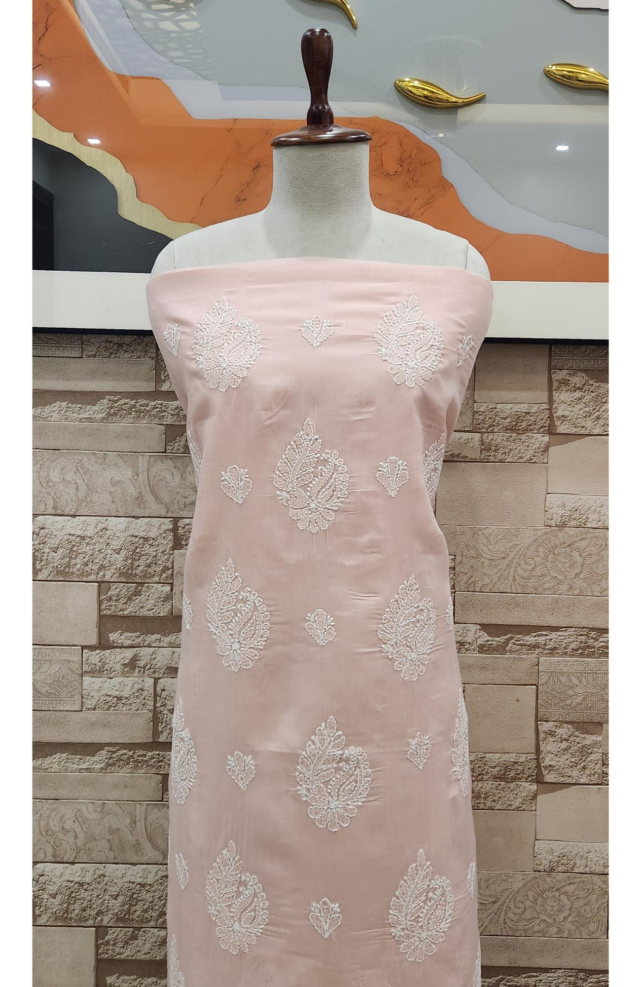 Light Peach Cotton Chikankari Suit Length
