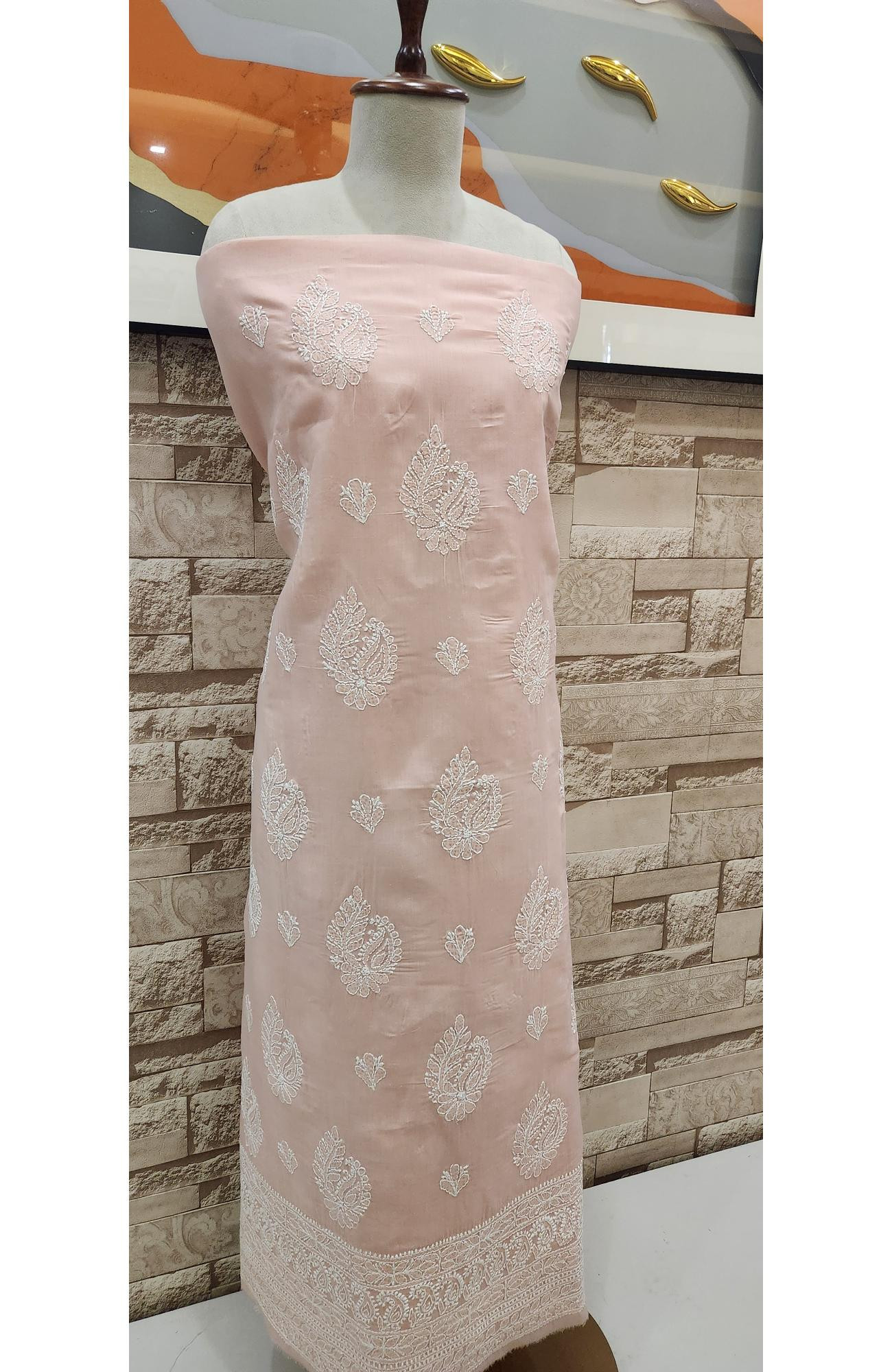 Light Peach Cotton Chikankari Suit Length