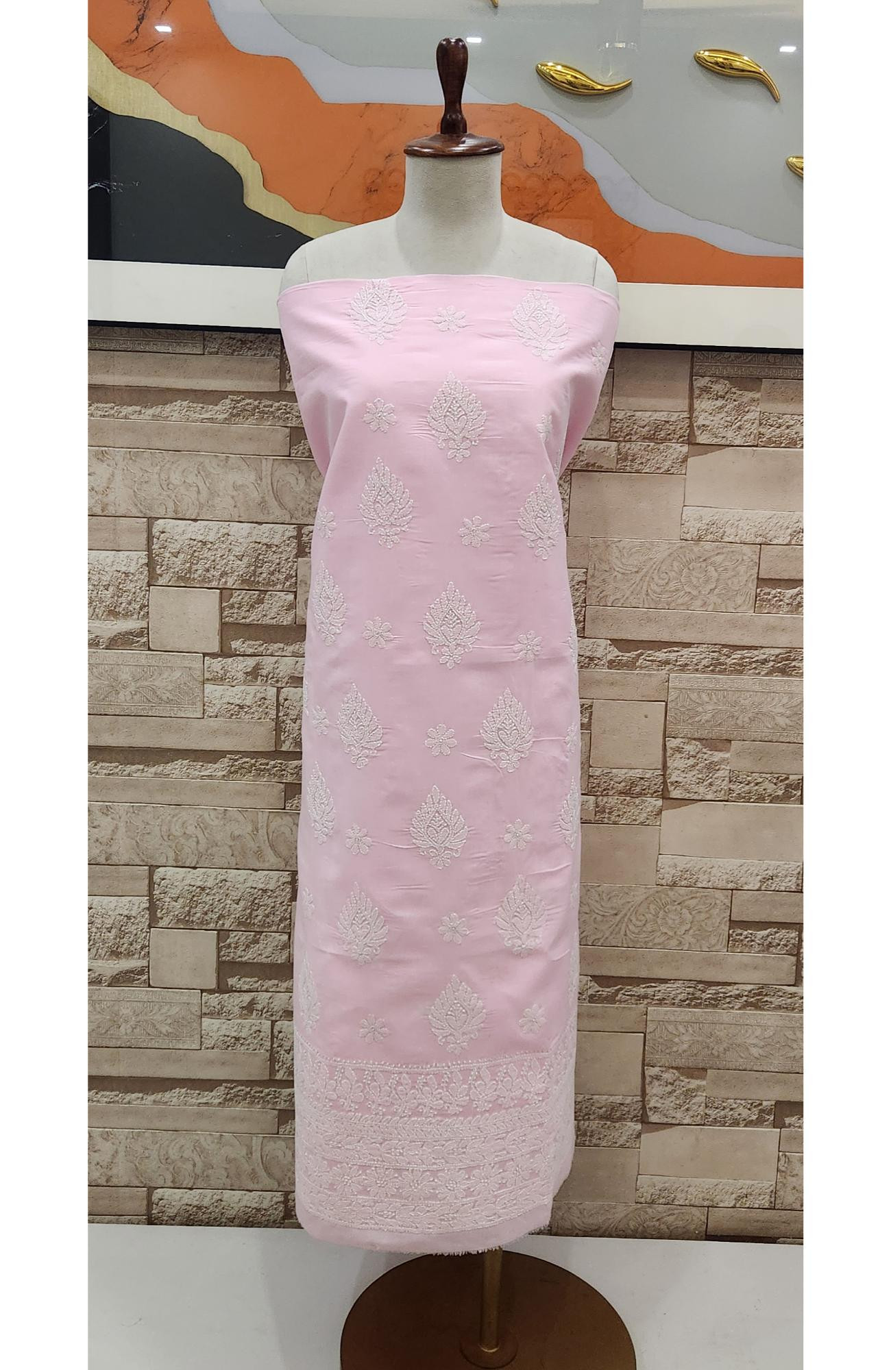 Pink  Cotton Chikankari Suit Length