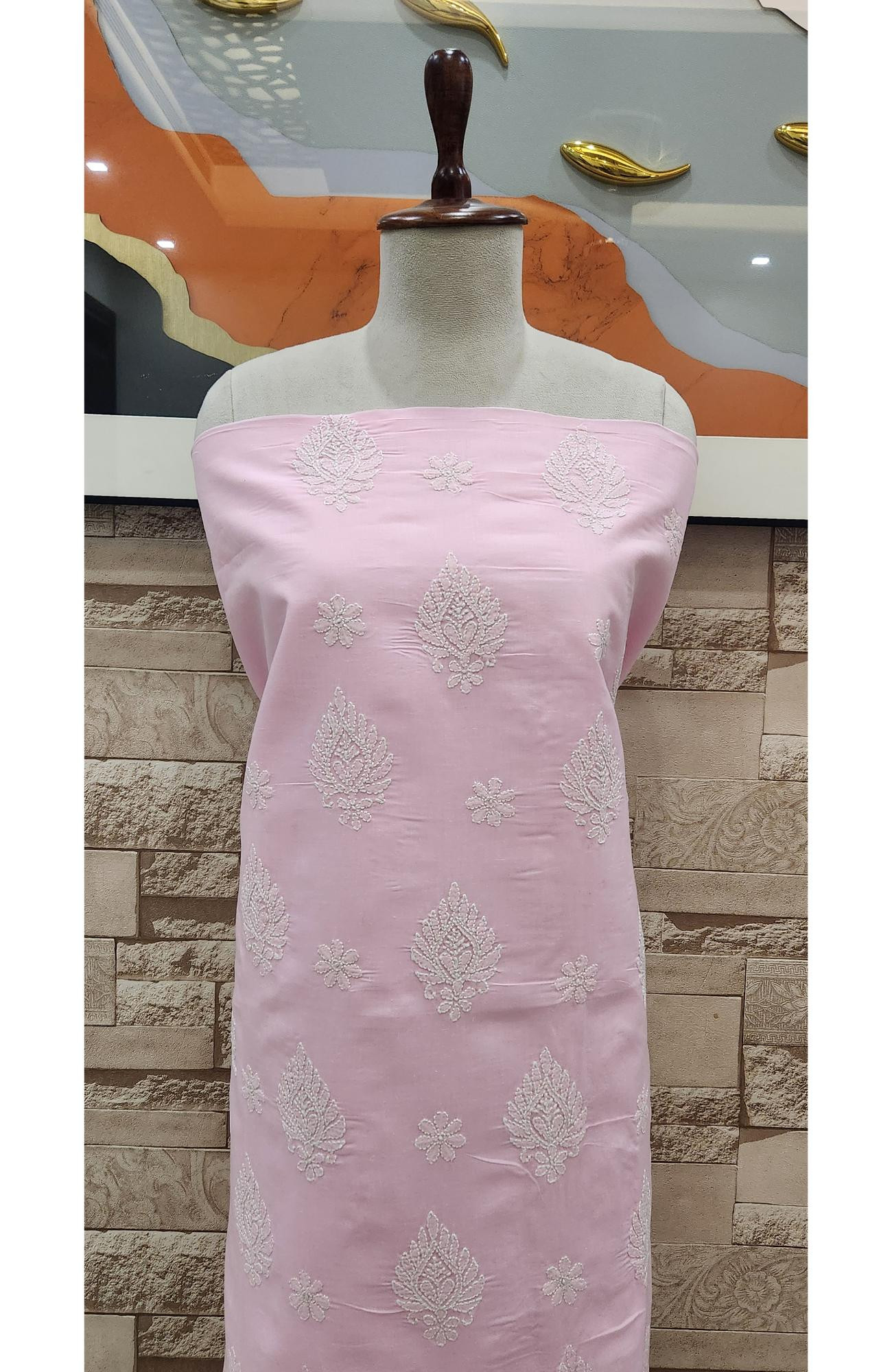 Pink  Cotton Chikankari Suit Length