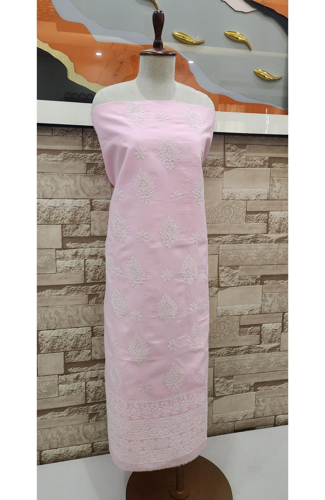 Pink  Cotton Chikankari Suit Length