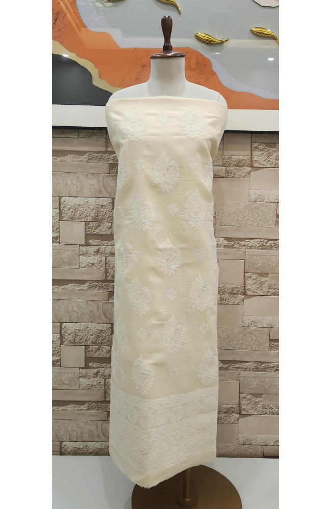 Image of Custard Beige Cotton Chikankari Suit Length