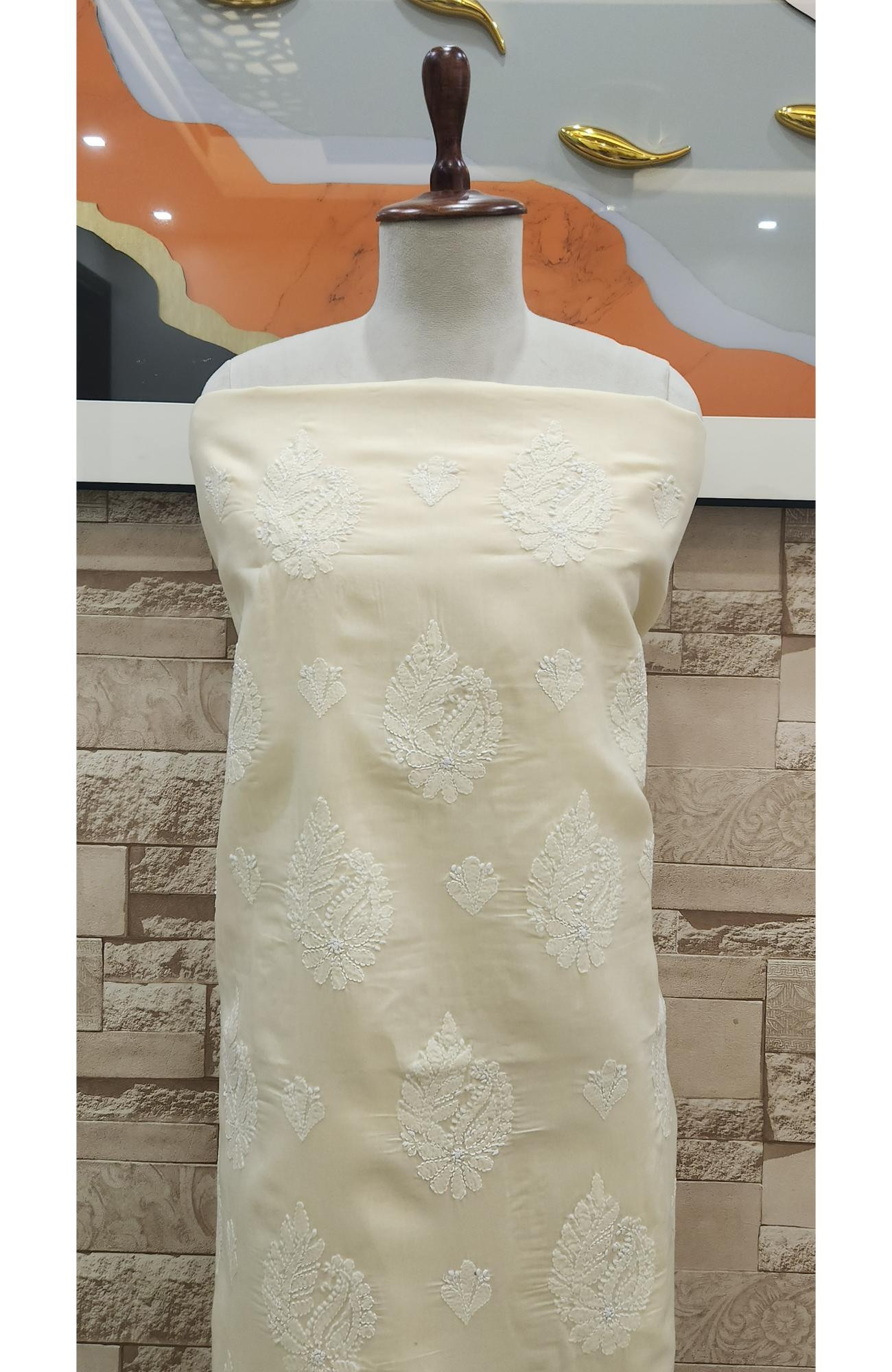 Custard Beige Cotton Chikankari Suit Length
