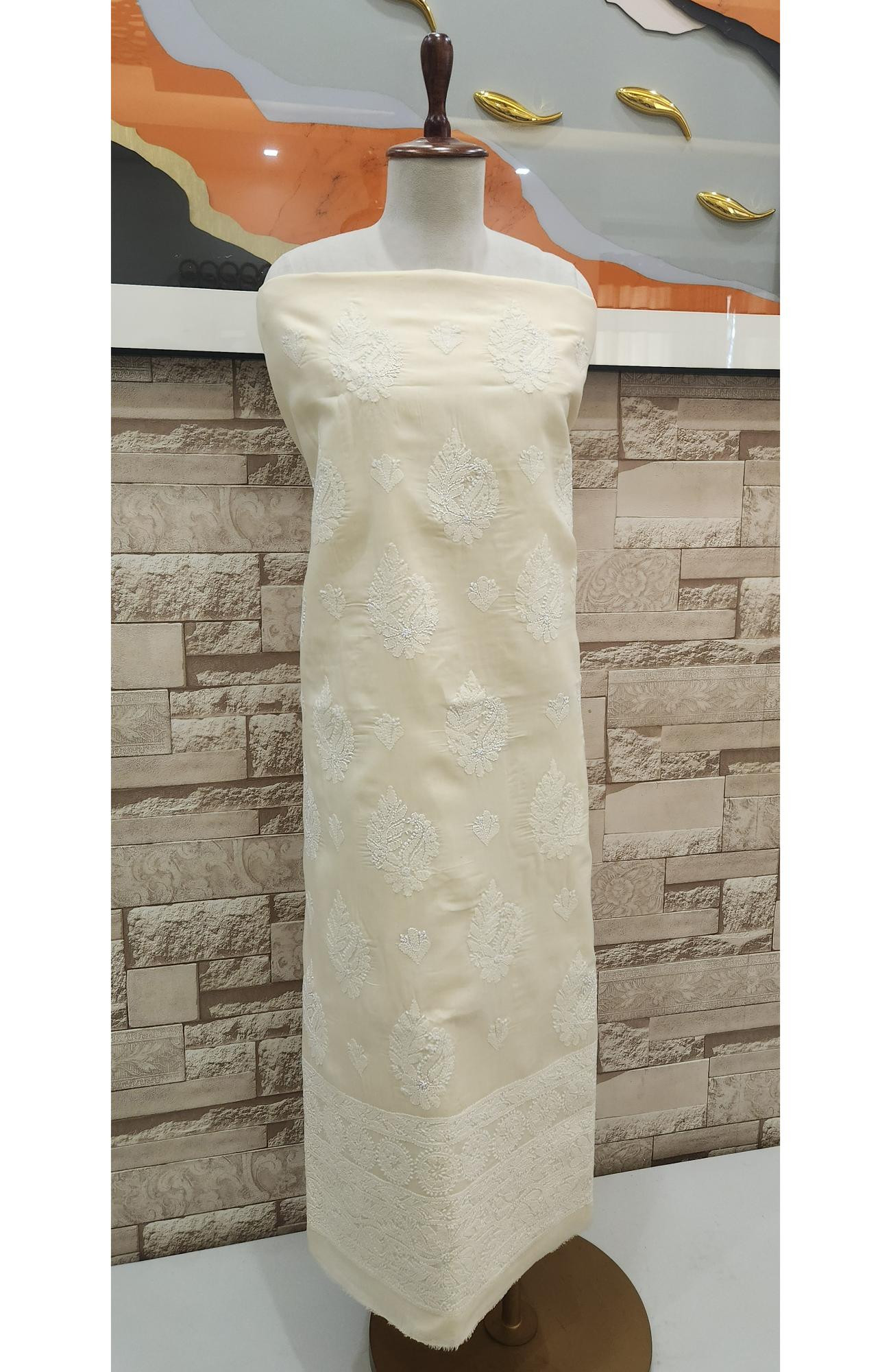 Custard Beige Cotton Chikankari Suit Length