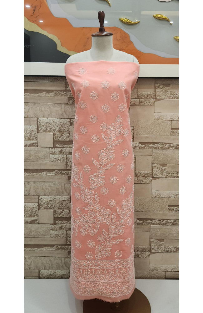 Image of Peach Cotton Chikankari Suit Length