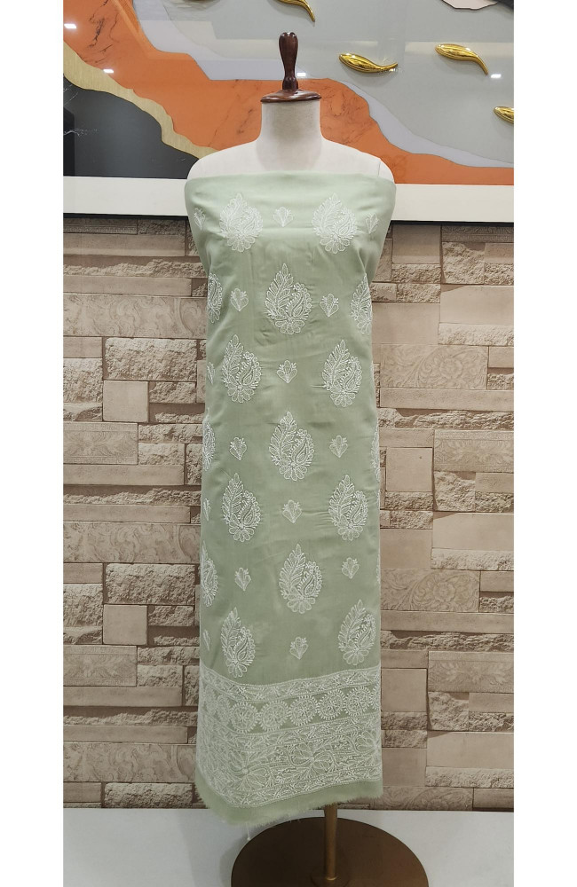 Image of Light Green Cotton Chikankari Suit Length