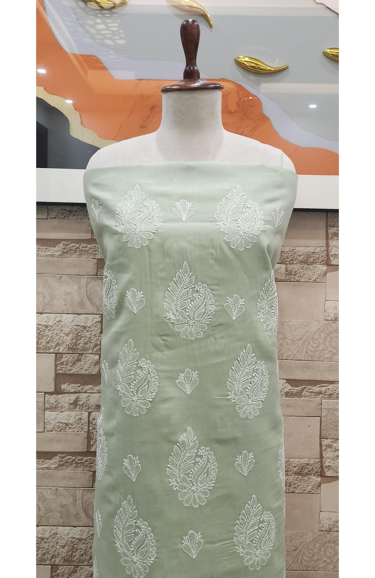 Light Green Cotton Chikankari Suit Length