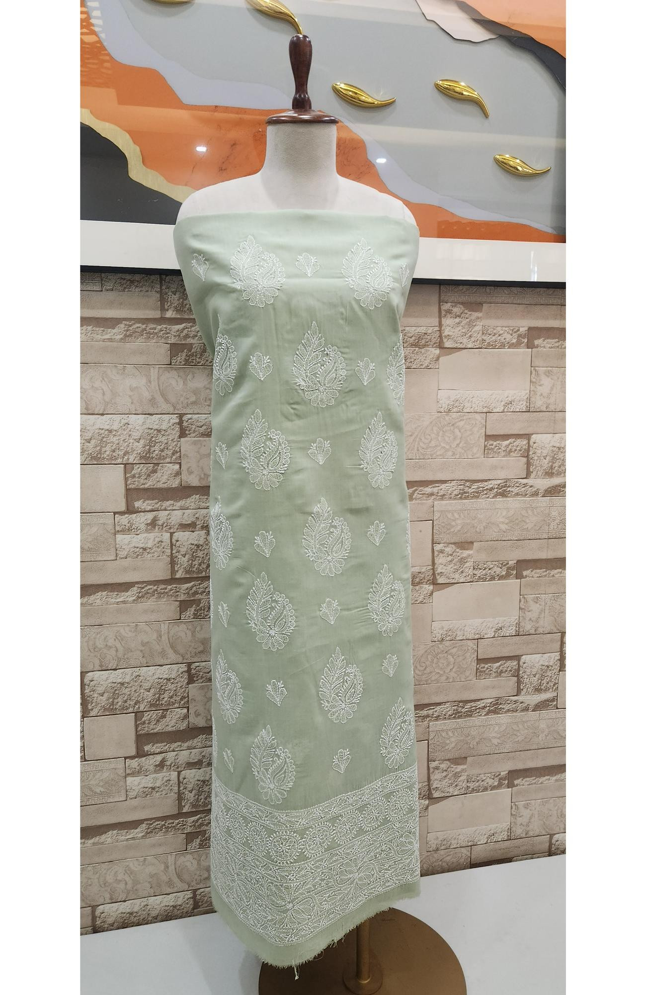 Light Green Cotton Chikankari Suit Length