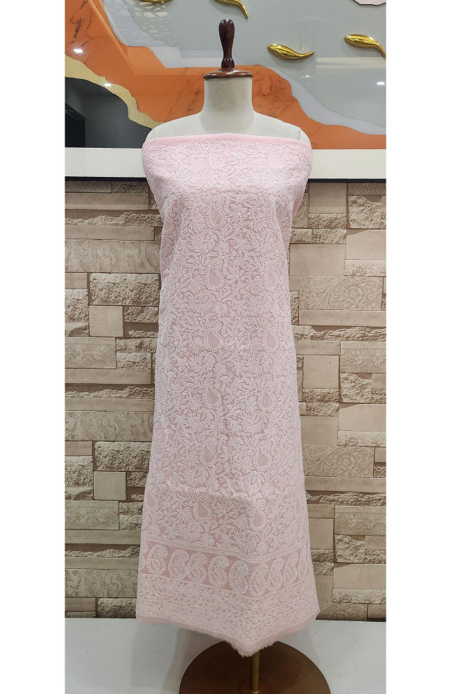 Image of Pink Cotton Chikankari Suit Length