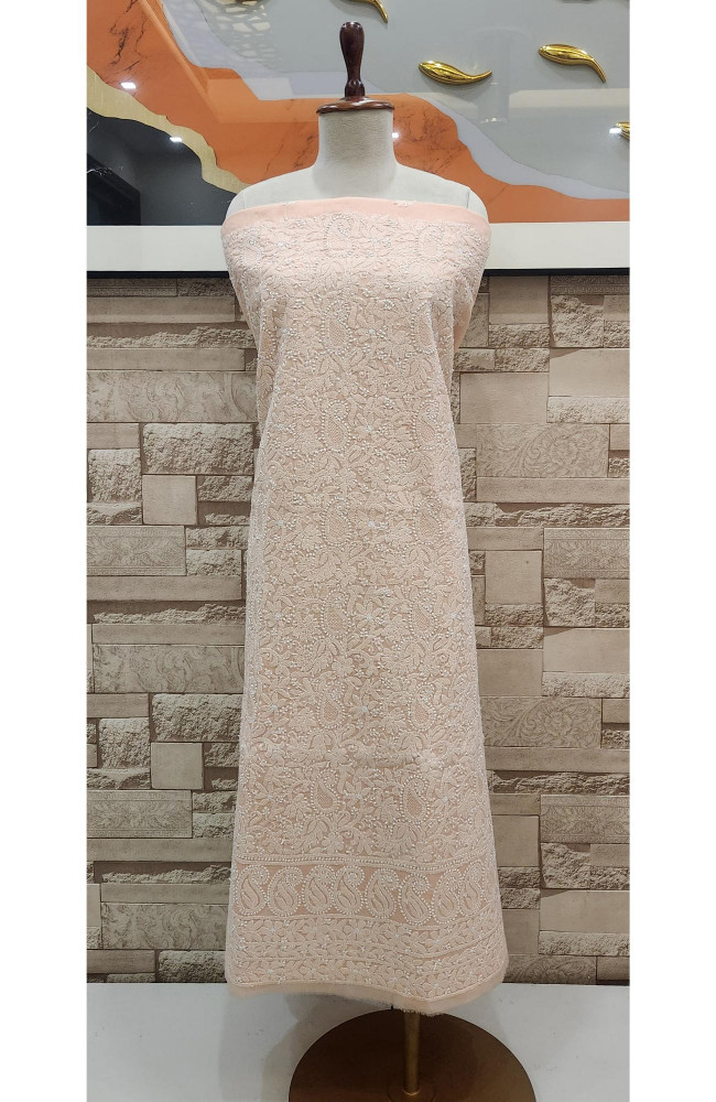 Image of Peach Cotton Chikankari Suit Length