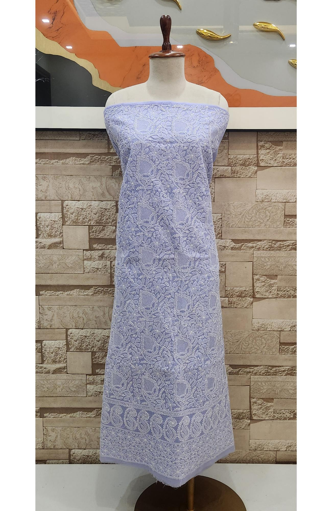 Blue Cotton Chikankari Suit Length