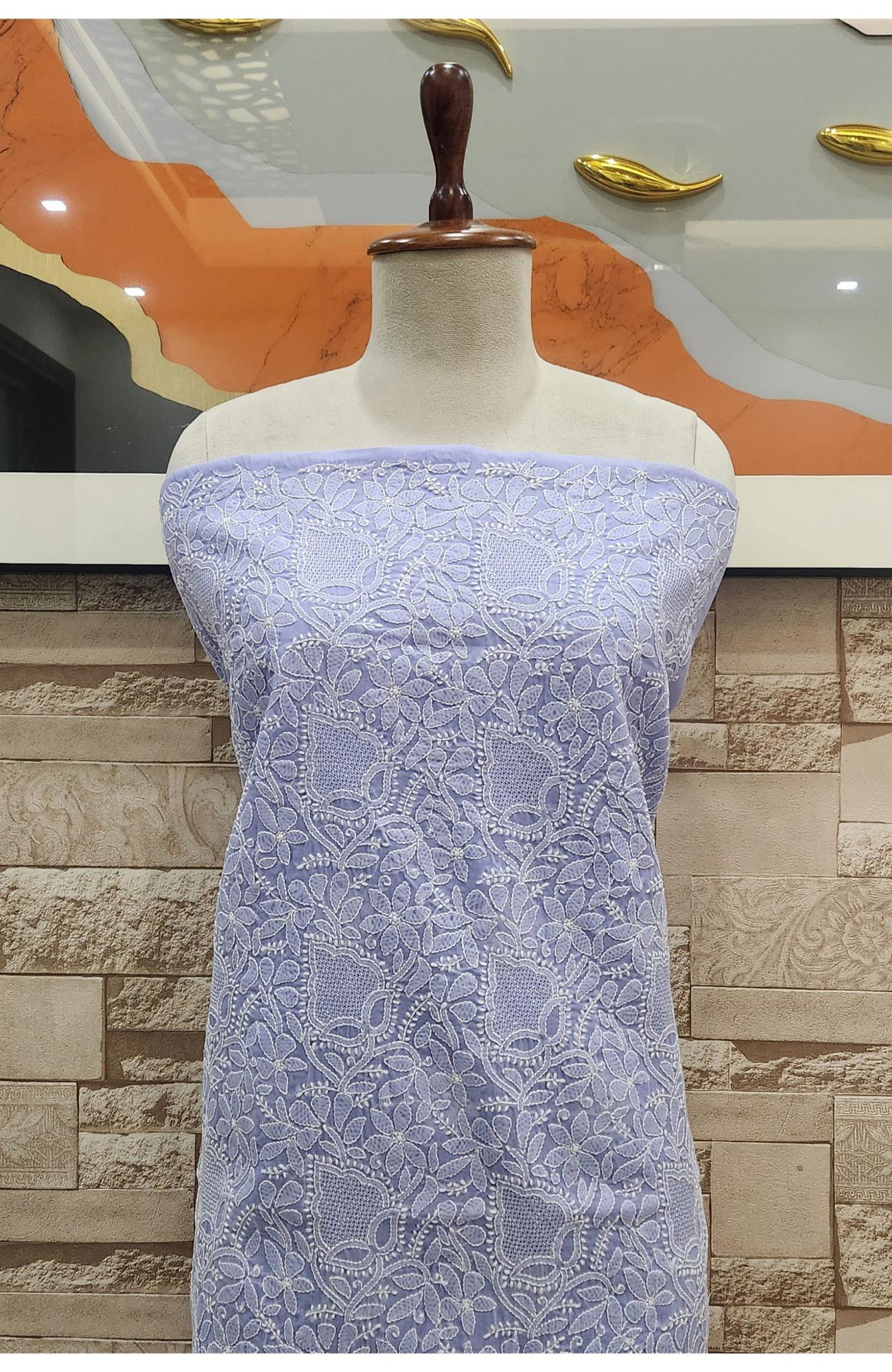 Blue Cotton Chikankari Suit Length