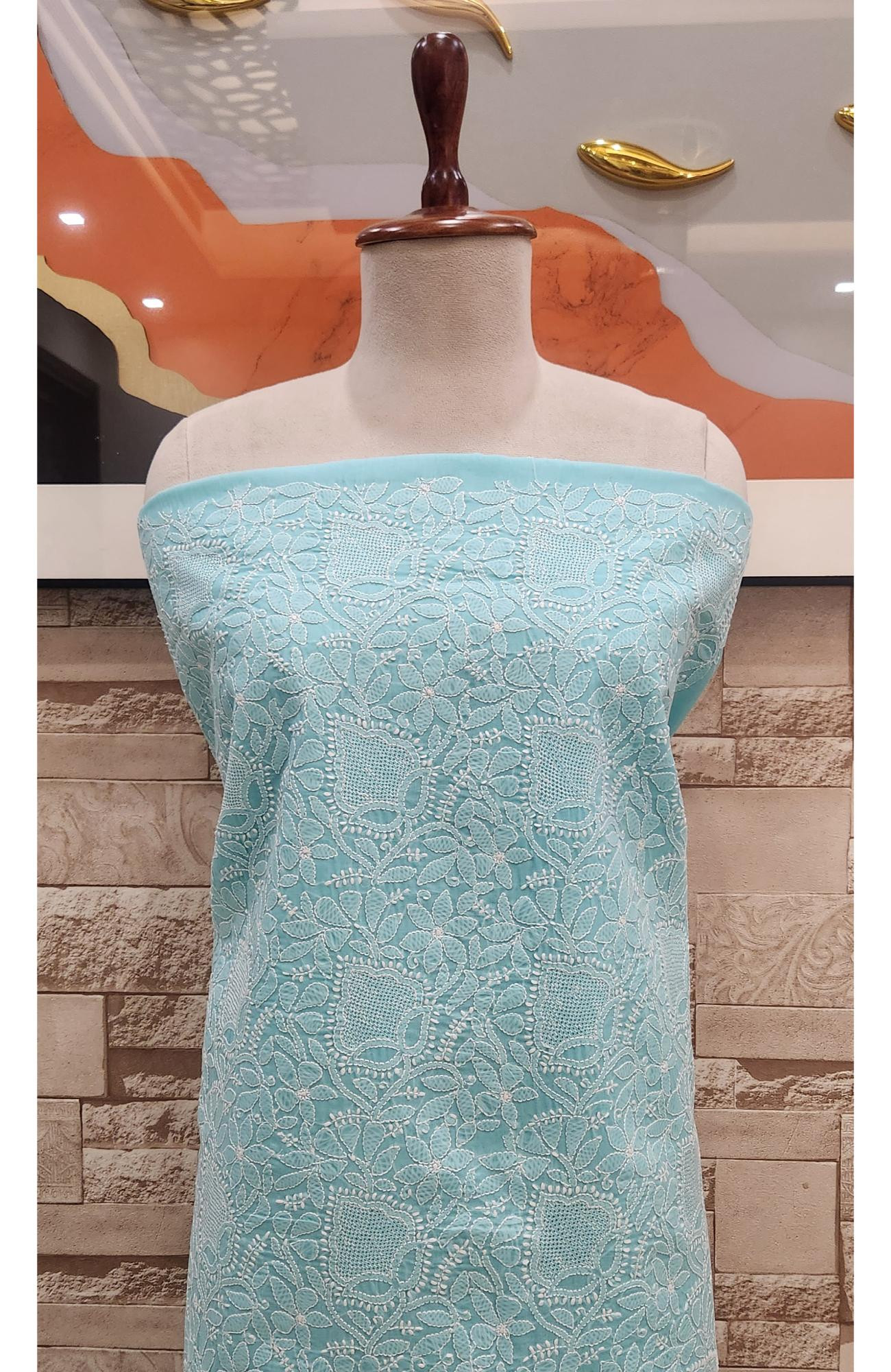 Sea Green Cotton Chikankari Suit Length