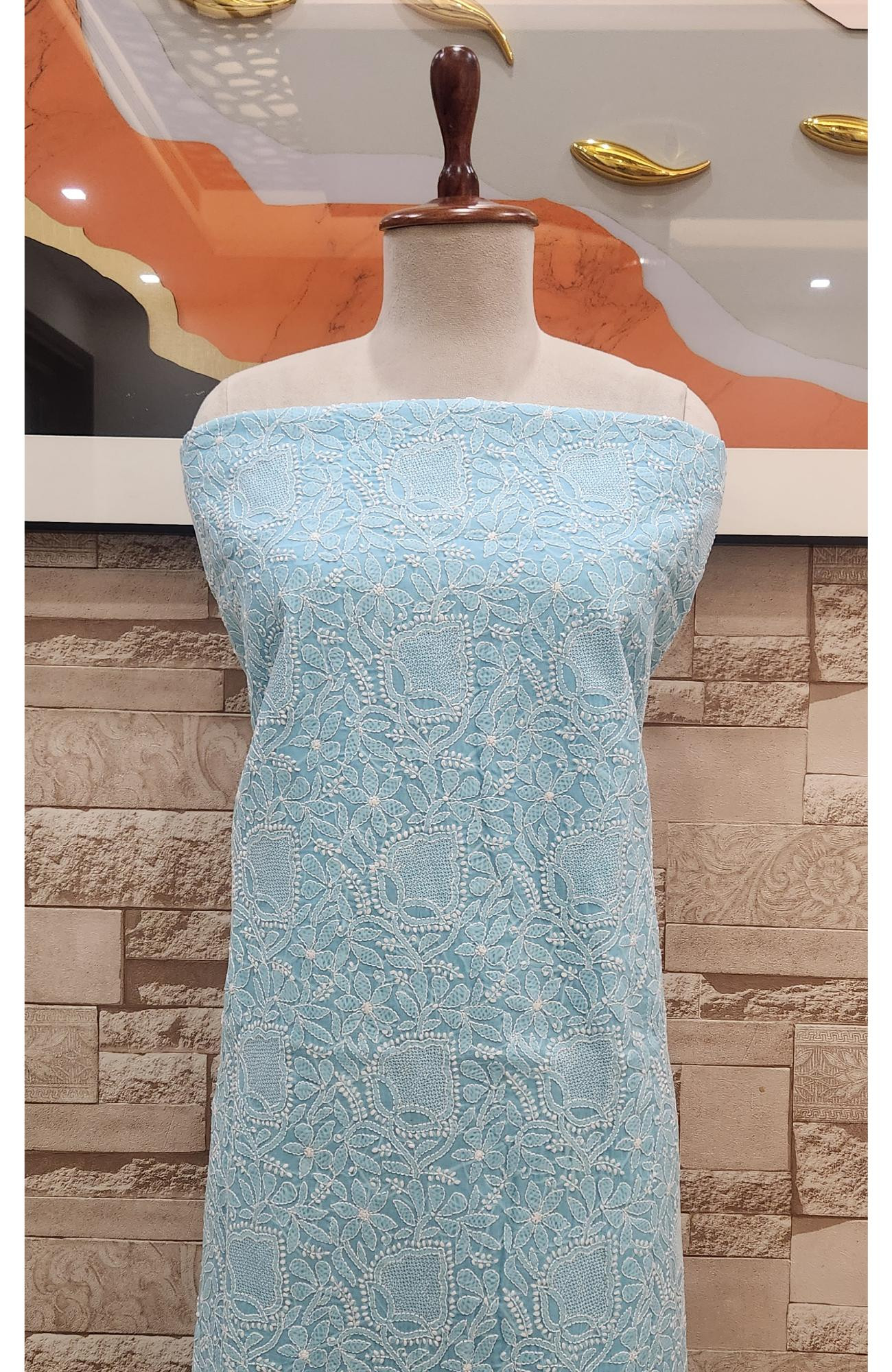 Light Blue Cotton Chikankari Suit Length