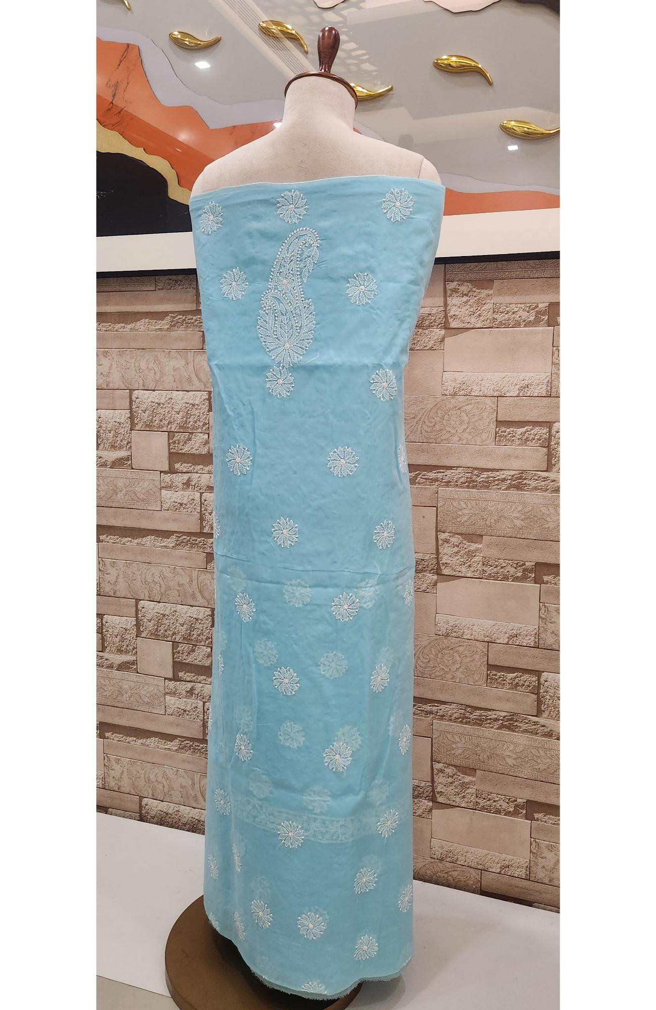 Light Blue Cotton Chikankari Suit Length