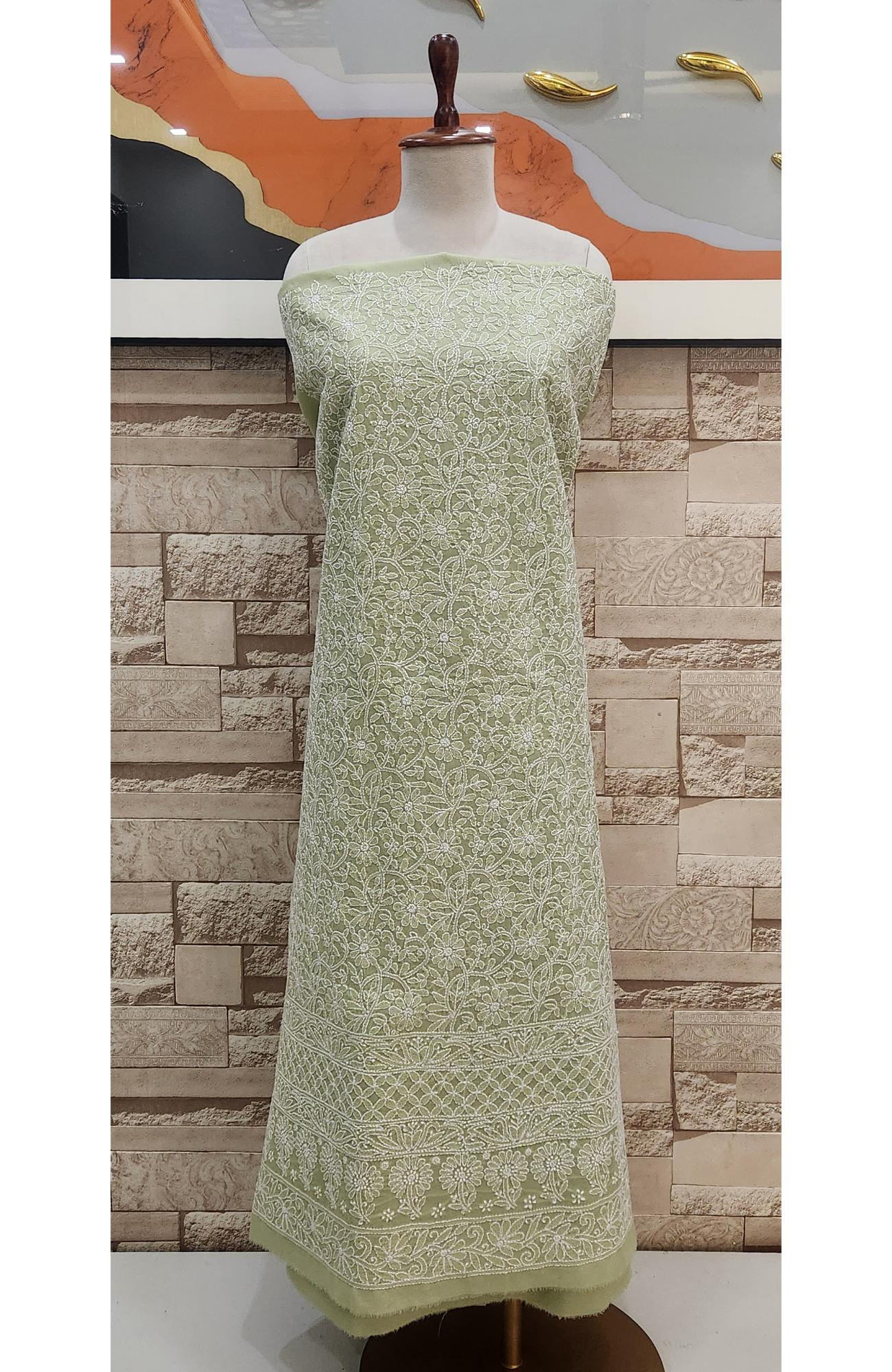 Light Green Cotton Chikankari Suit Length