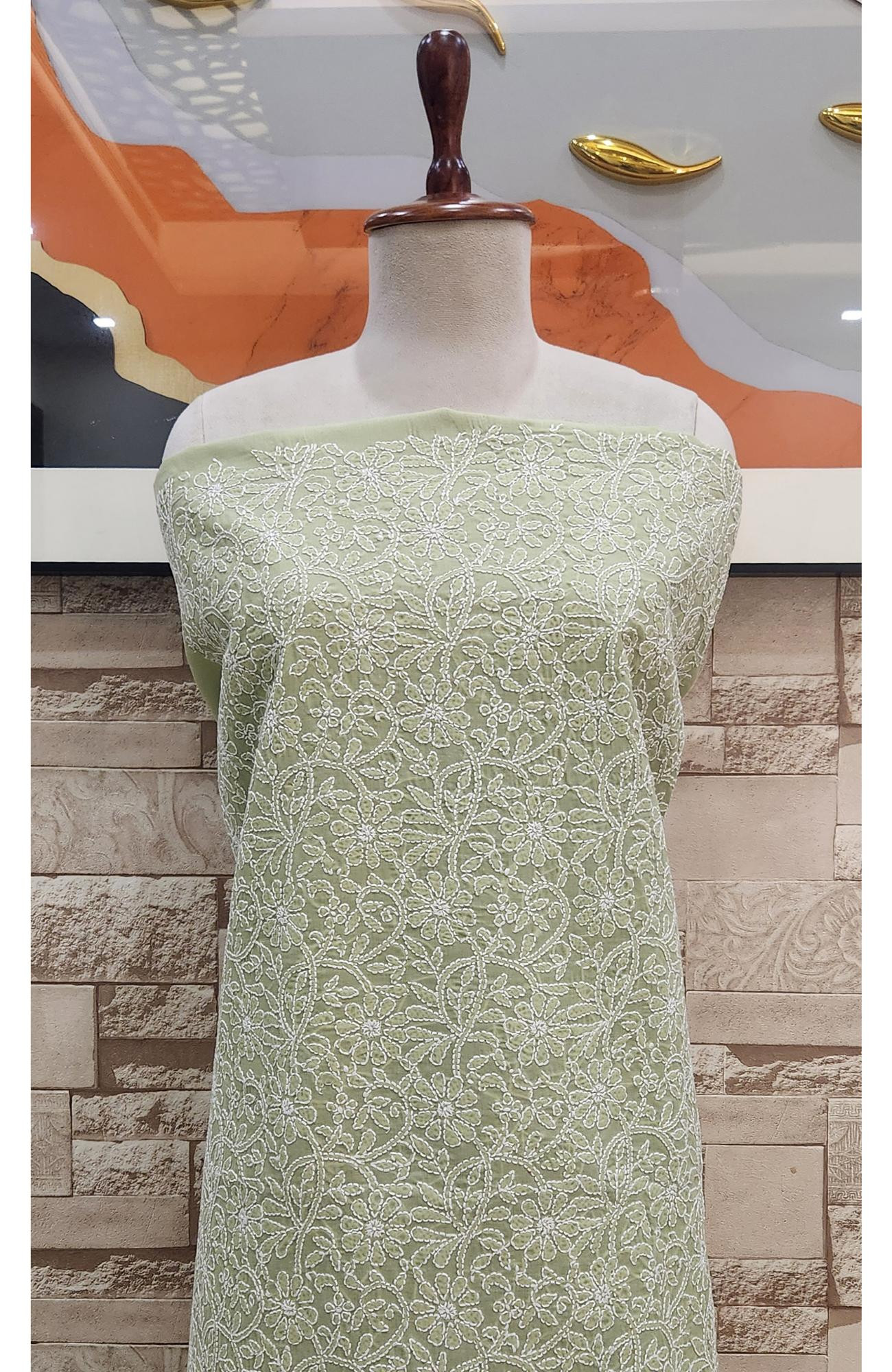 Light Green Cotton Chikankari Suit Length