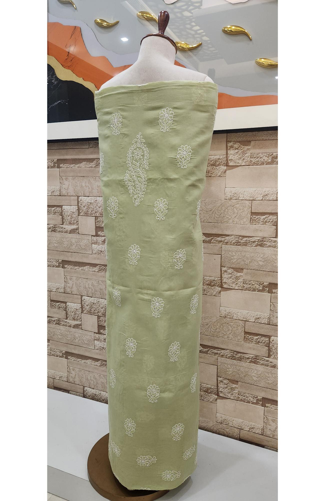 Light Green Cotton Chikankari Suit Length
