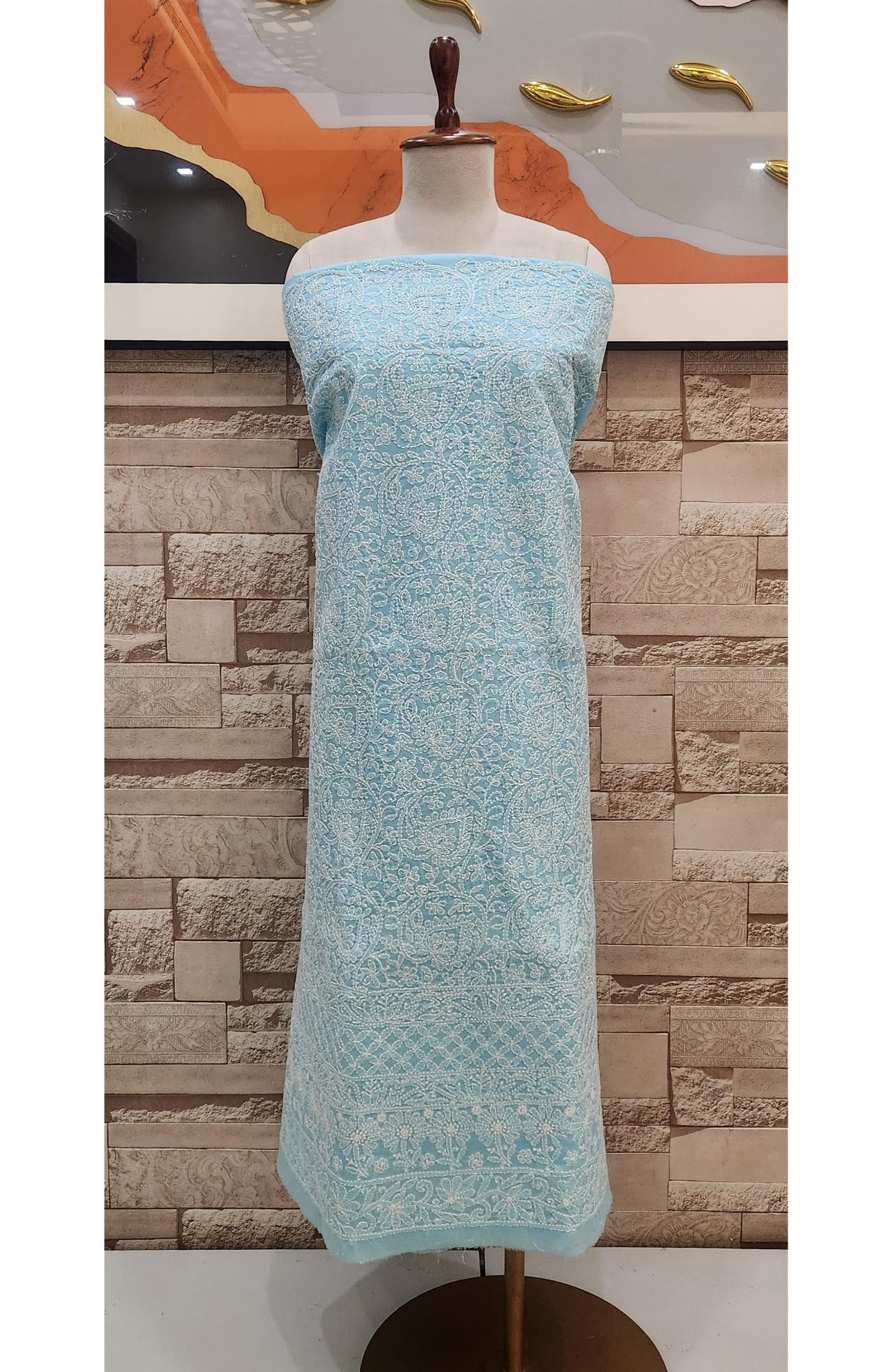 Blue Cotton Chikankari Suit Length