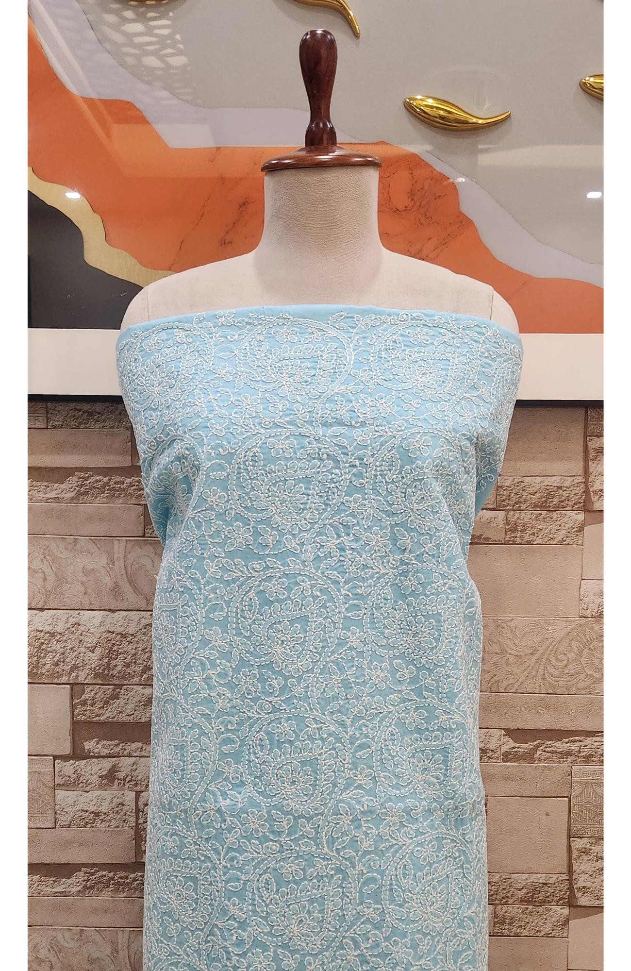 Blue Cotton Chikankari Suit Length