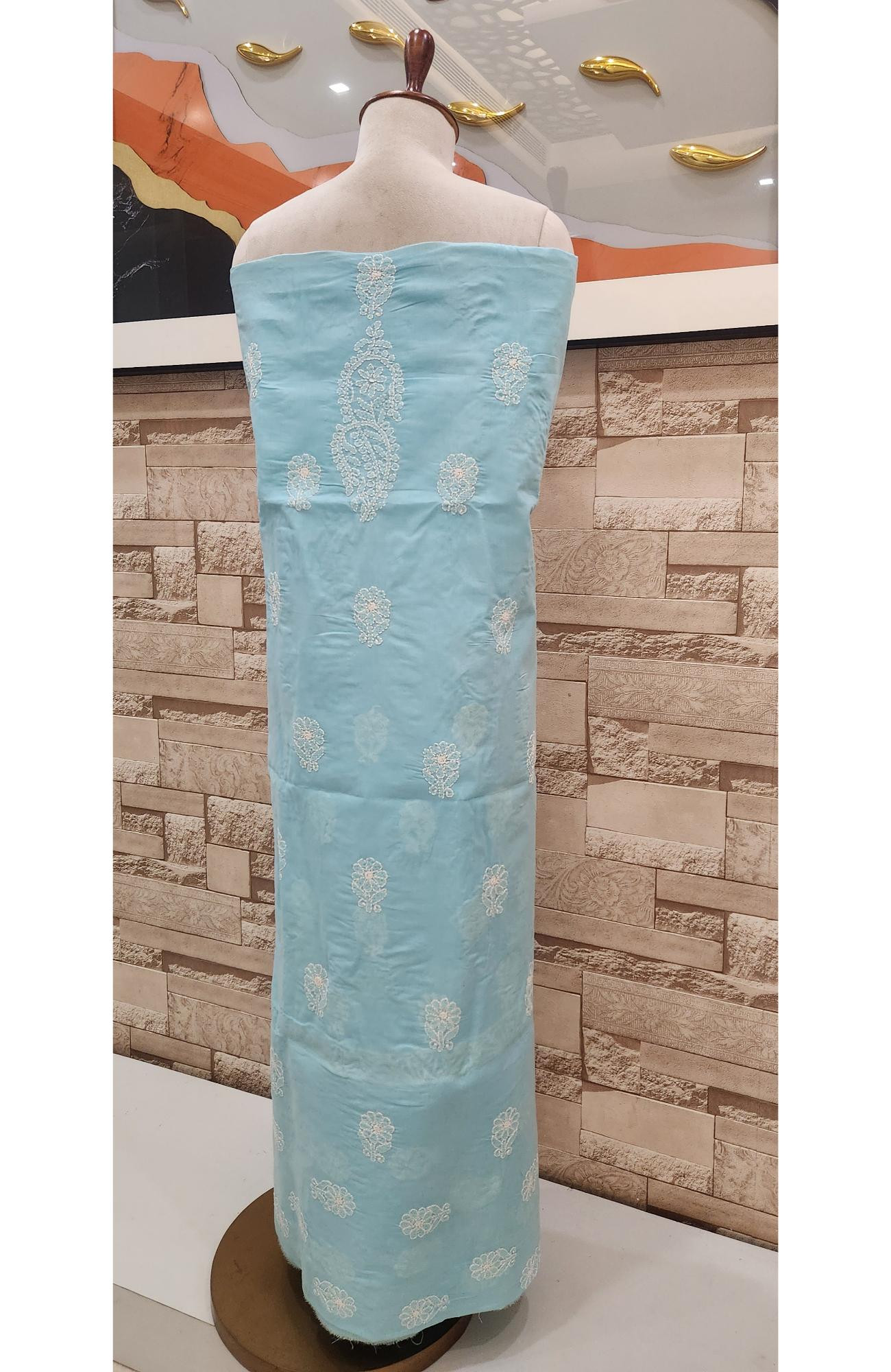 Blue Cotton Chikankari Suit Length