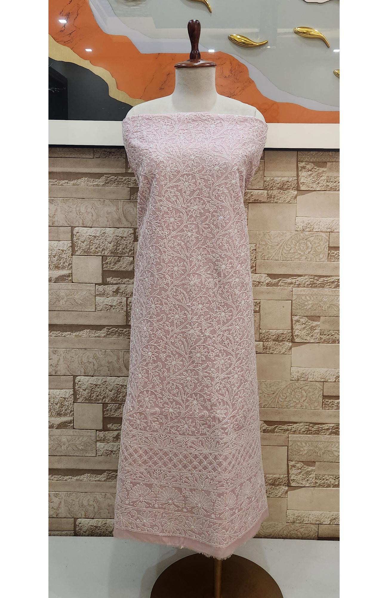 Pink  Cotton Chikankari Suit Length