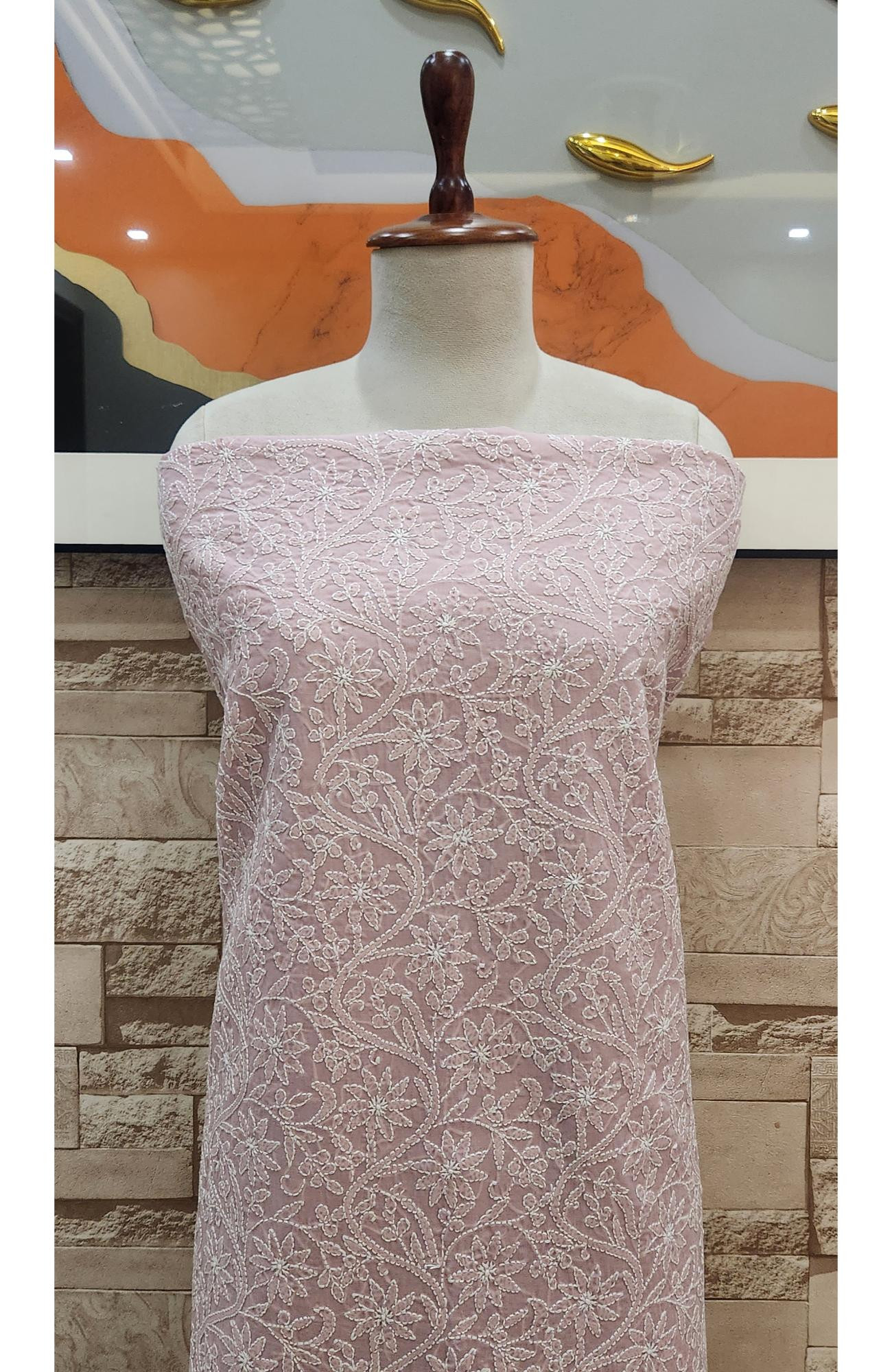 Pink  Cotton Chikankari Suit Length