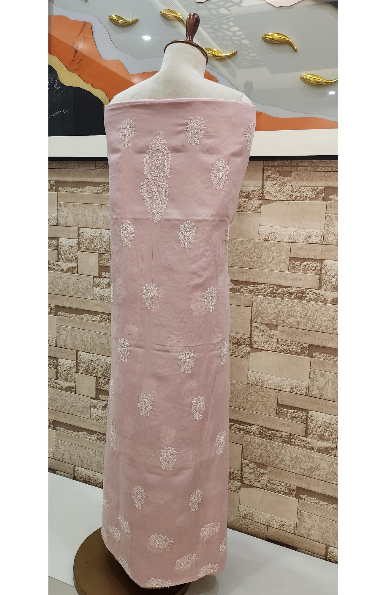 Pink  Cotton Chikankari Suit Length
