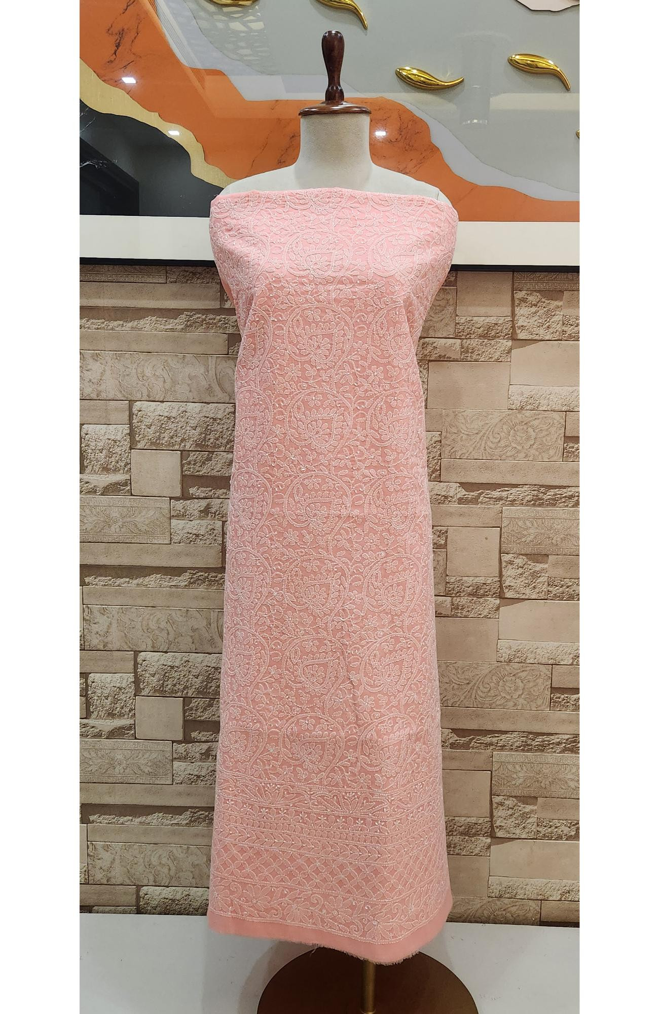 Light Peach Cotton Chikankari Suit Length