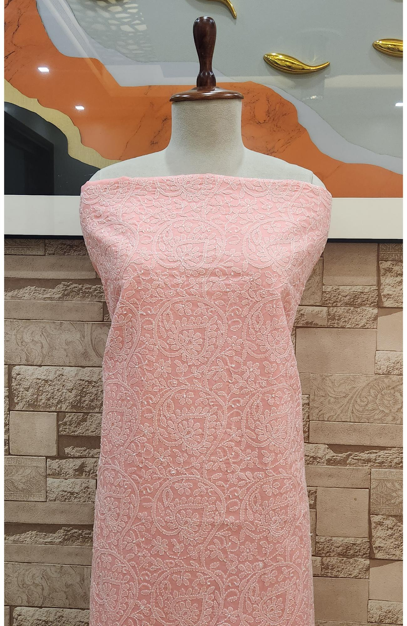 Light Peach Cotton Chikankari Suit Length