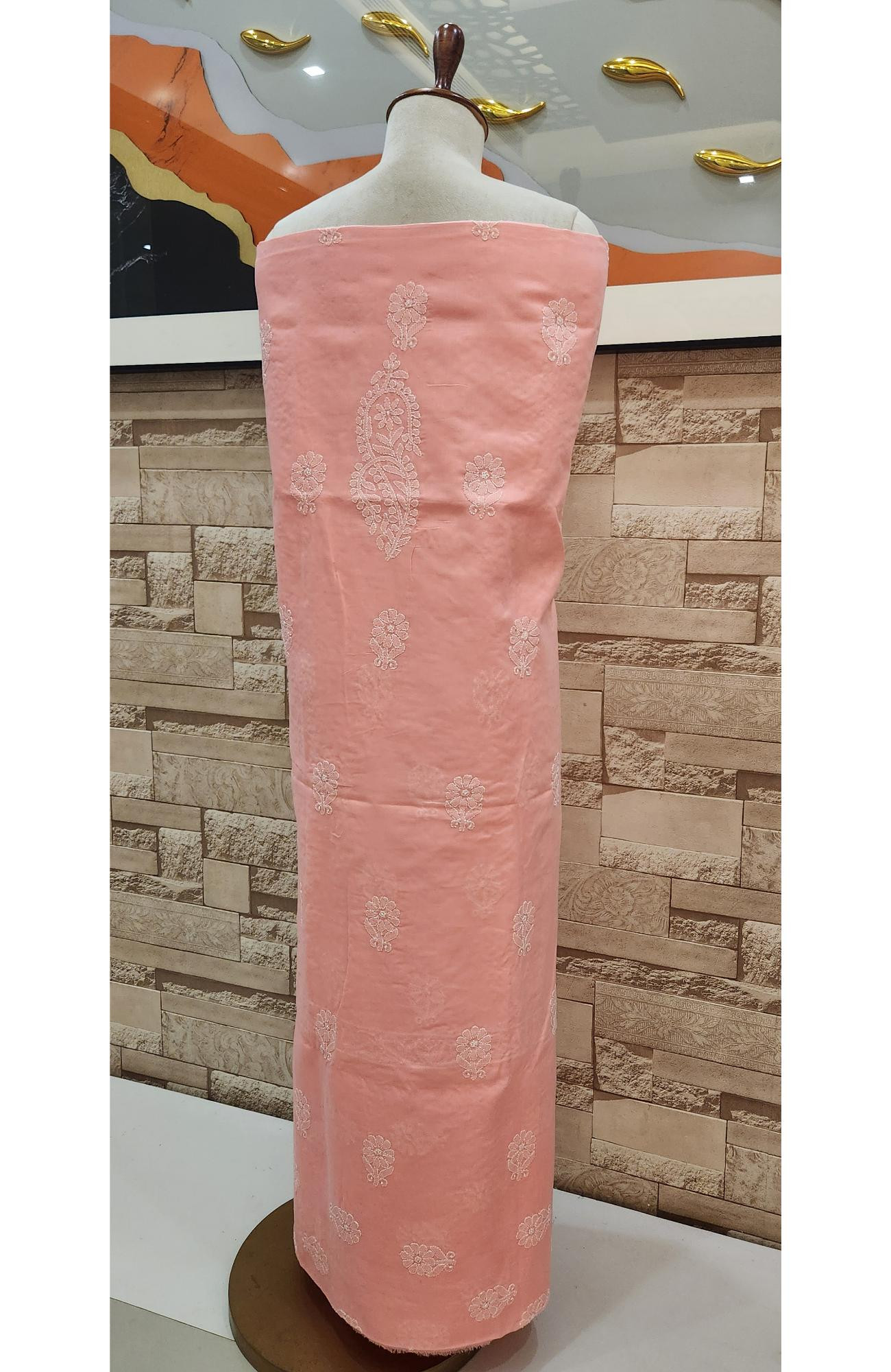 Light Peach Cotton Chikankari Suit Length