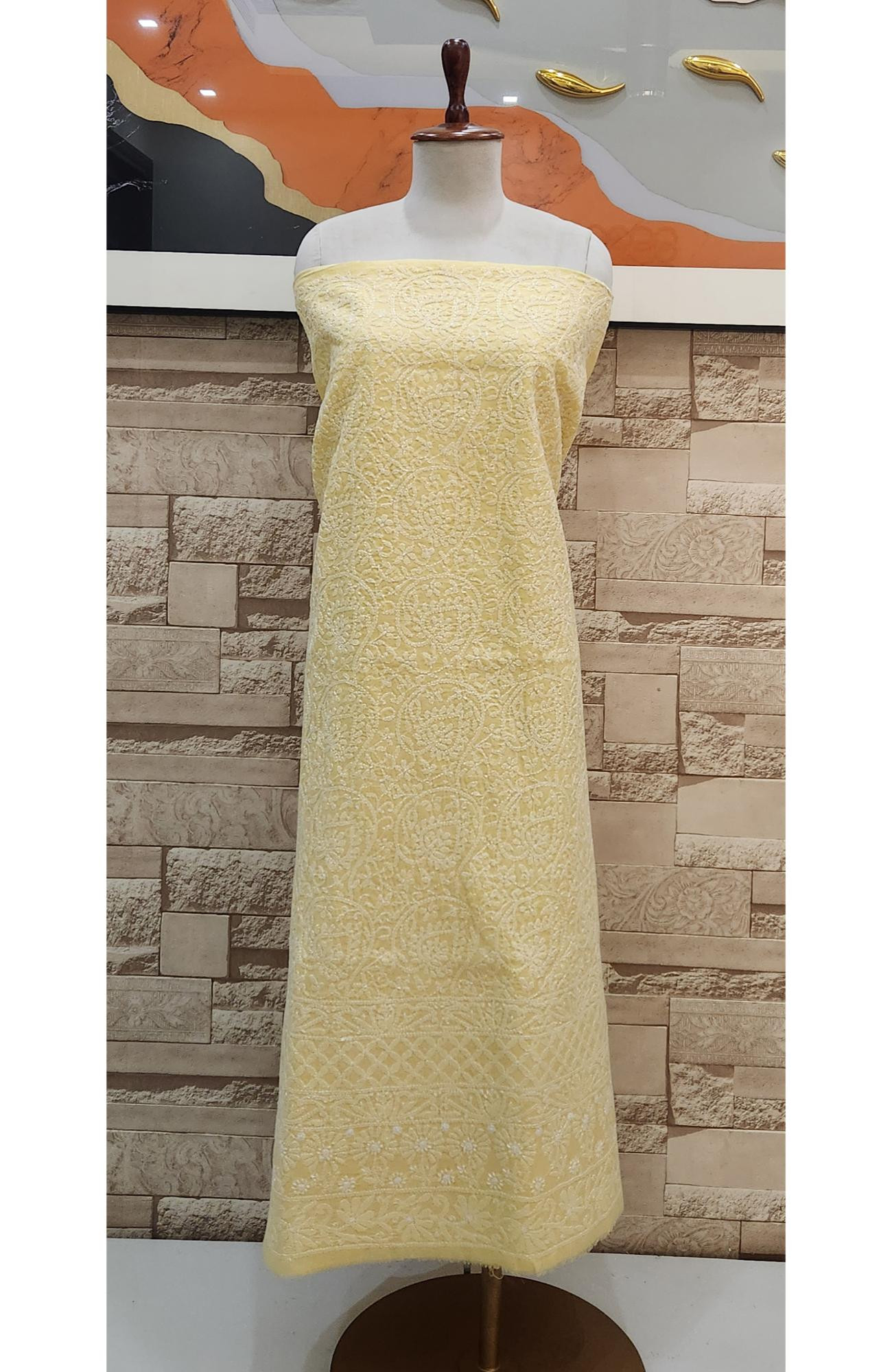 Yellow Cotton Chikankari Suit Length