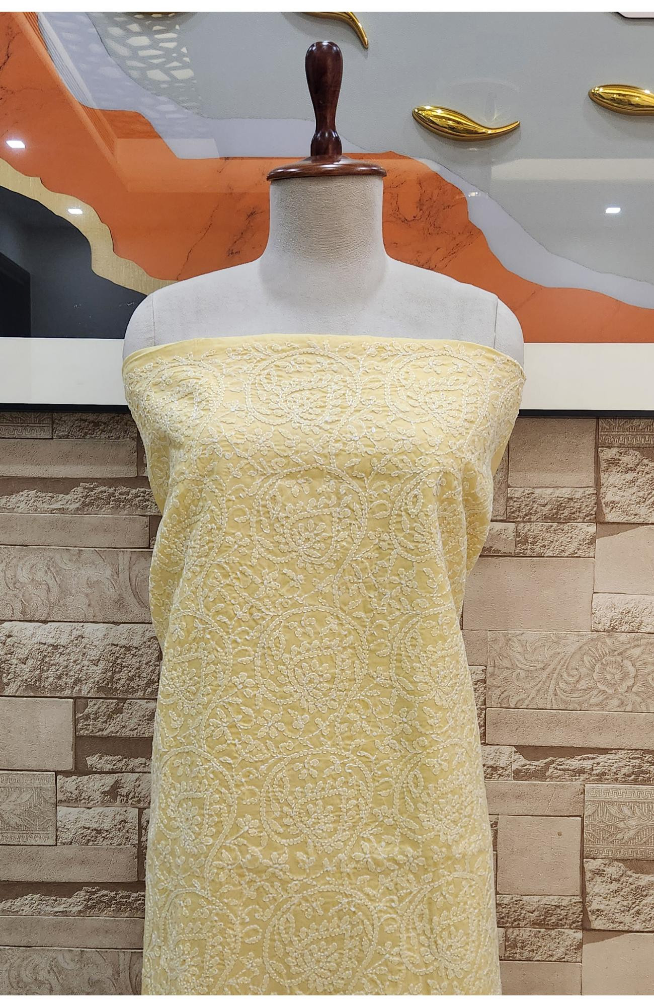 Yellow Cotton Chikankari Suit Length