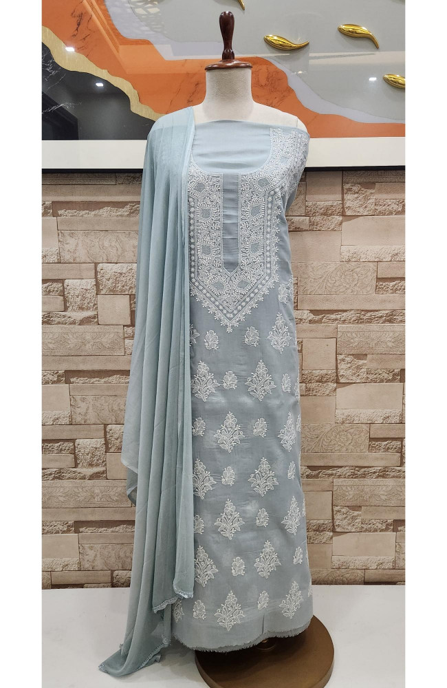 Image of Grey Cotton Chikankari Suit Length