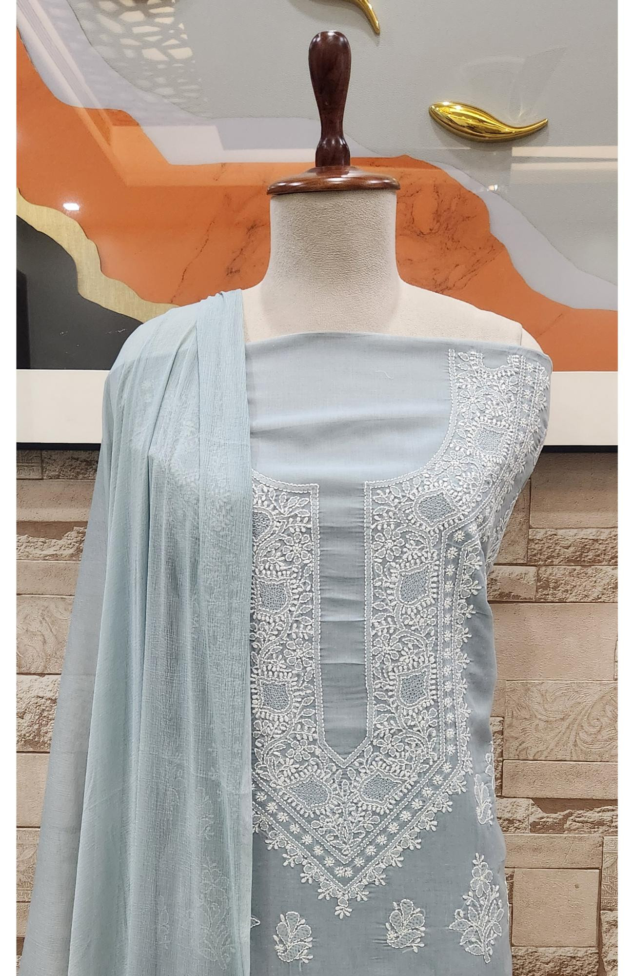 Grey Cotton Chikankari Suit Length
