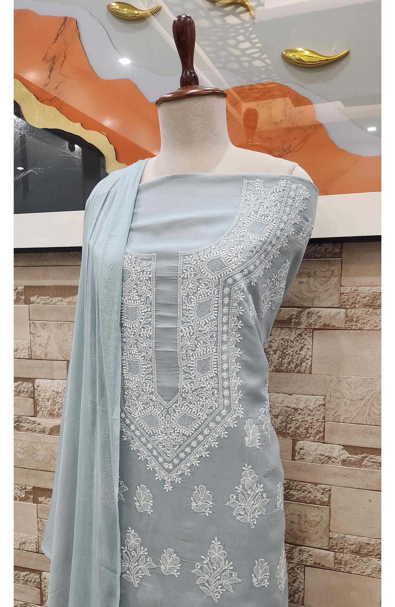 Grey Cotton Chikankari Suit Length