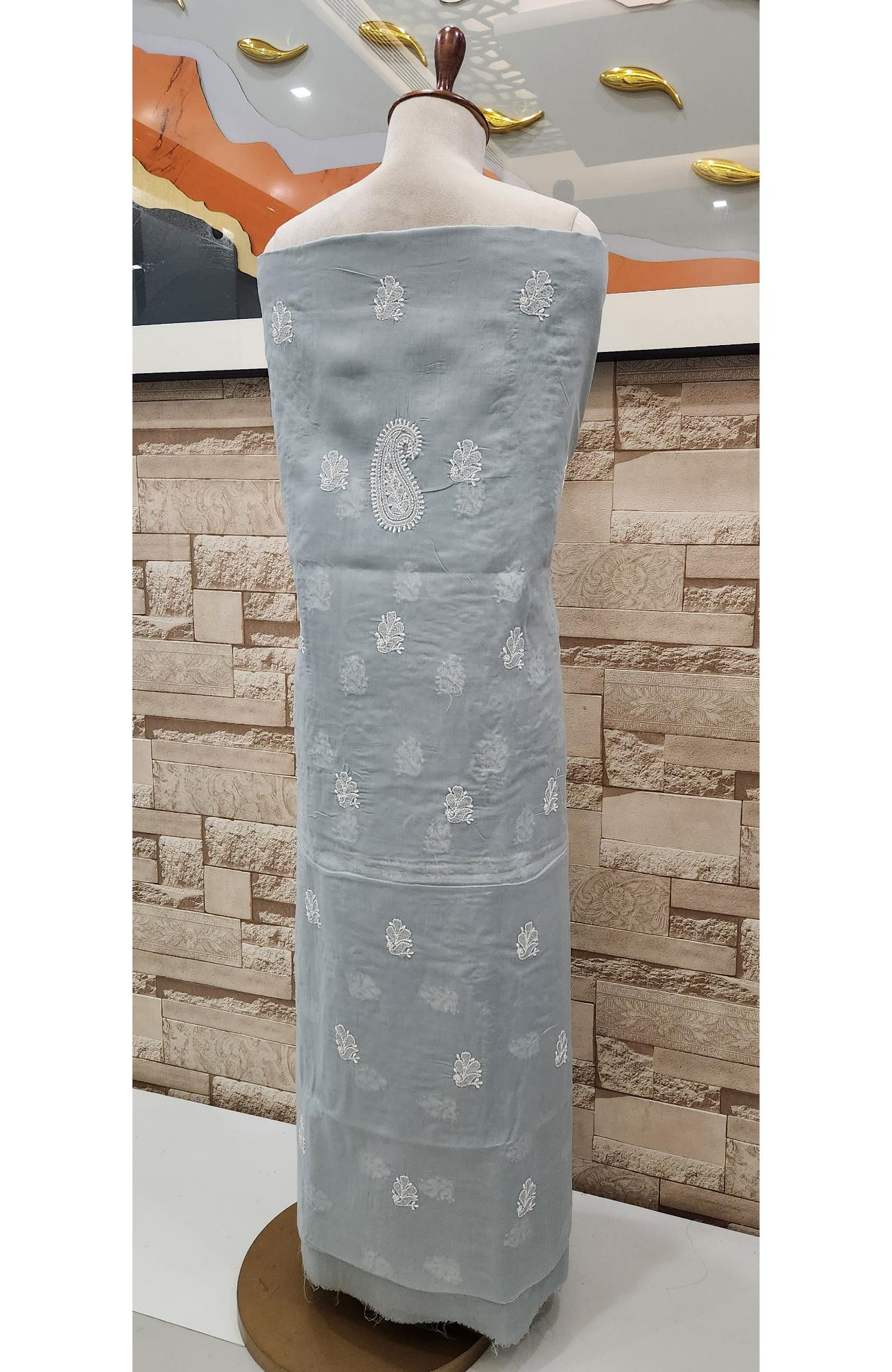 Grey Cotton Chikankari Suit Length